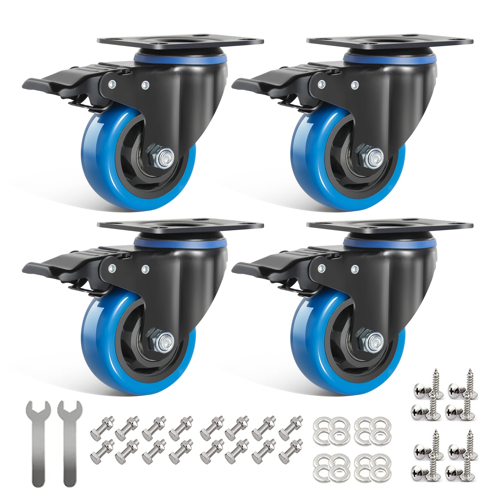 IQWTU 75MM Furniture Castors Heavy Duty Castor Wheels with Brakes, Double Bearing PU Trolley Wheels Rubber Swivel Castor, 4 Industrial Plate Casters Capacity 500KG — image 1