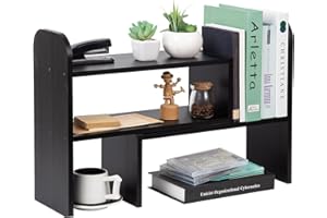 VERGOODR Desktop Adjustable Natural Wood Book Shelf Organizer Office Storage Rack Display Stand Caddy Set Expandable Desk Organizer (Black)