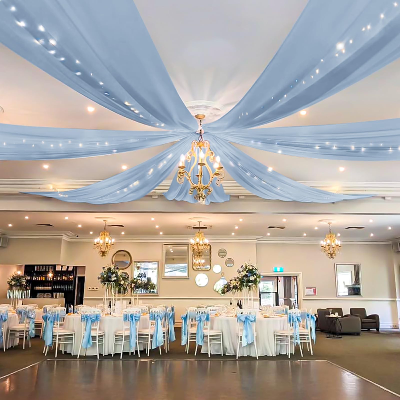 Photo 1 of Showgeous Dusty Blue Ceiling Drapes 6 Panels 5ftx20ft Wedding Ceiling Drapes Wedding Arch Draping Fabric Cheesecloth Curtain for Party Ceremony Stage Event Decoration