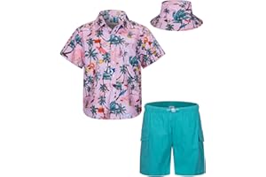 MOHEZ Boys Hawaiian Shirt and Short Set Summer Outfit Kids 2 Piece Clothes Set with Bucket Hat