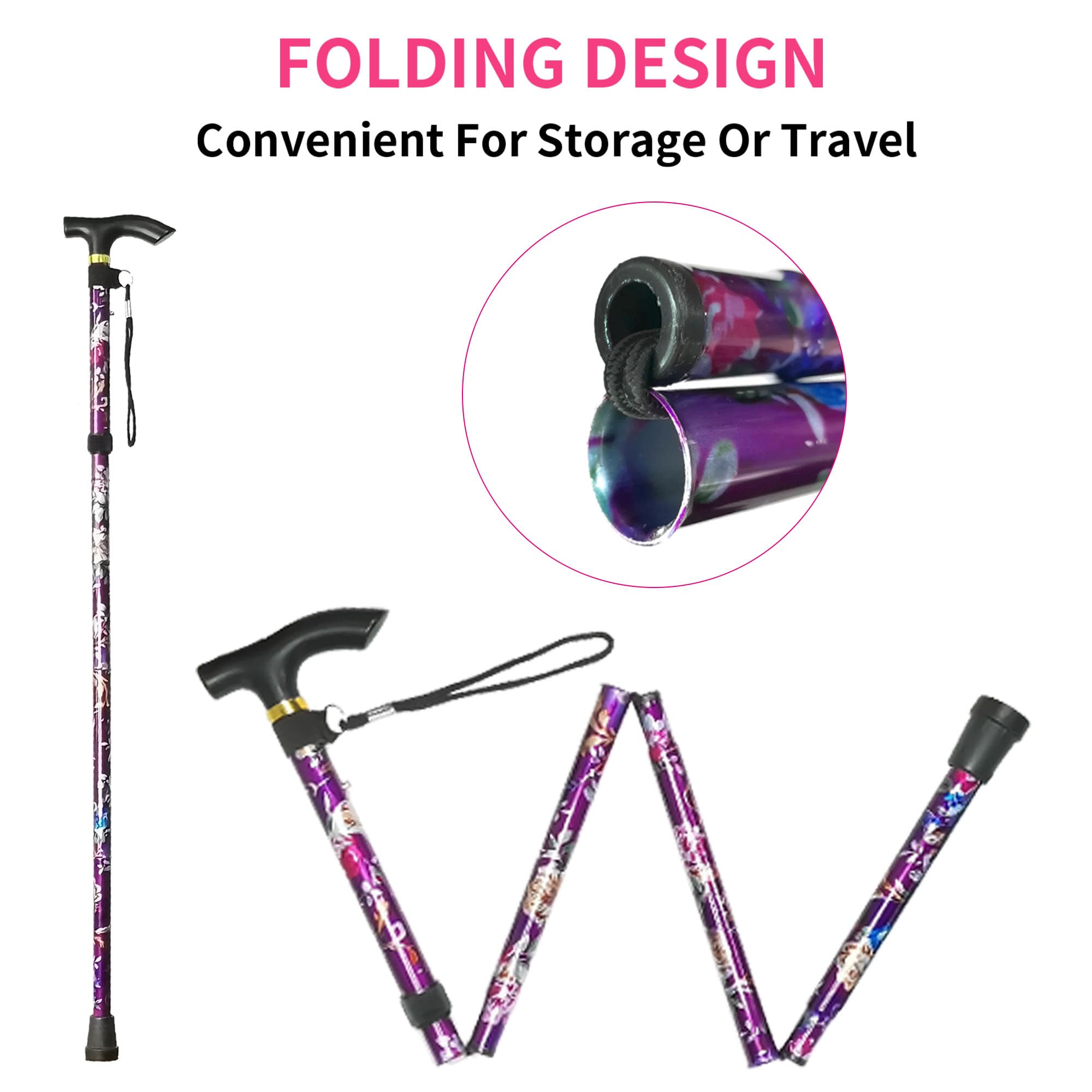 Folding Cane, 5-Level Adjustable Height Lightweight Portable Foldable Walking Canes with Wrist Strap and T Handle for Men Women Seniors