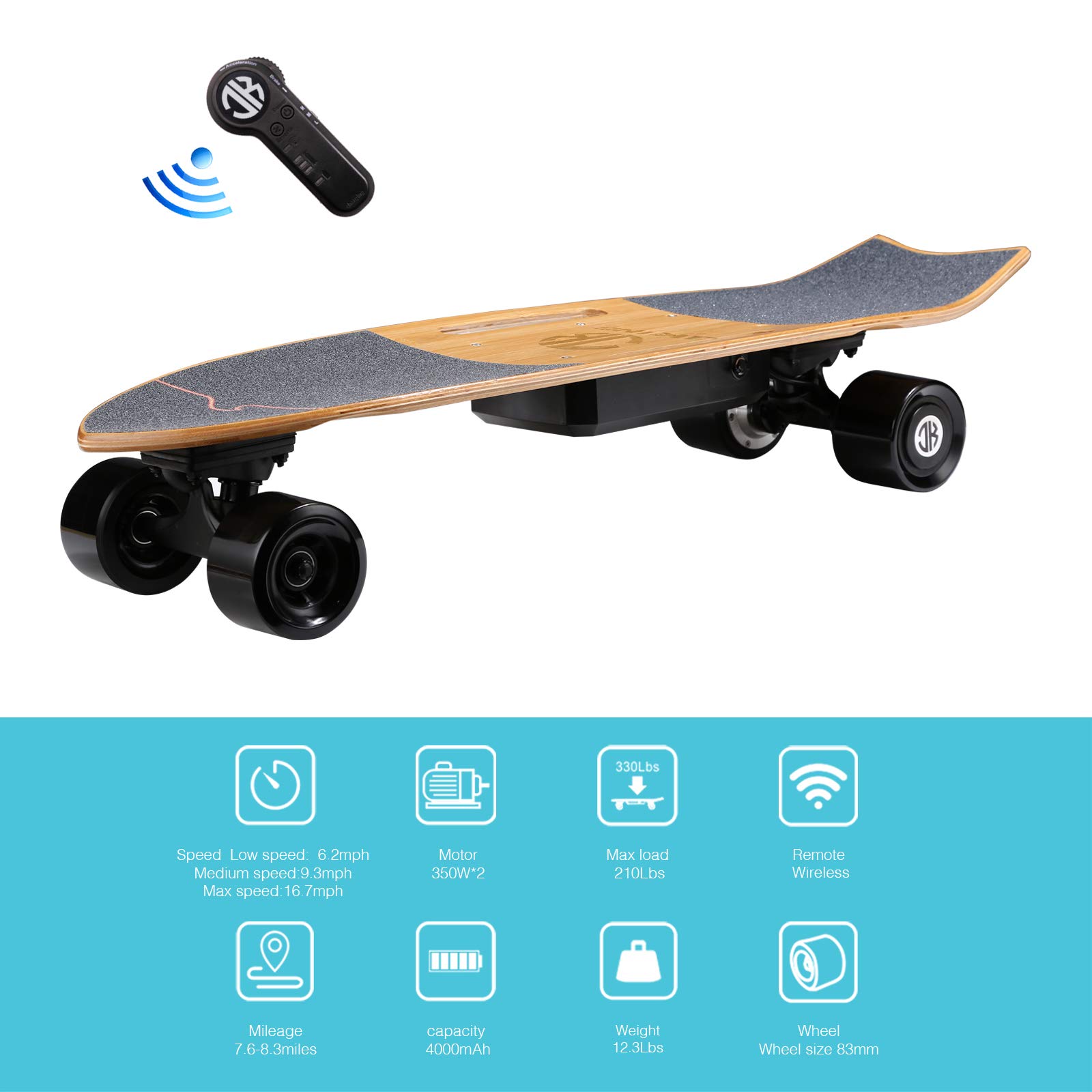 JKING Electric Skateboard Electric Longboard with Remote Control Electric Skateboard,700W Hub-Motor,16.7 MPH Top Speed,8.2 Miles Range,3 Speeds Adjustment