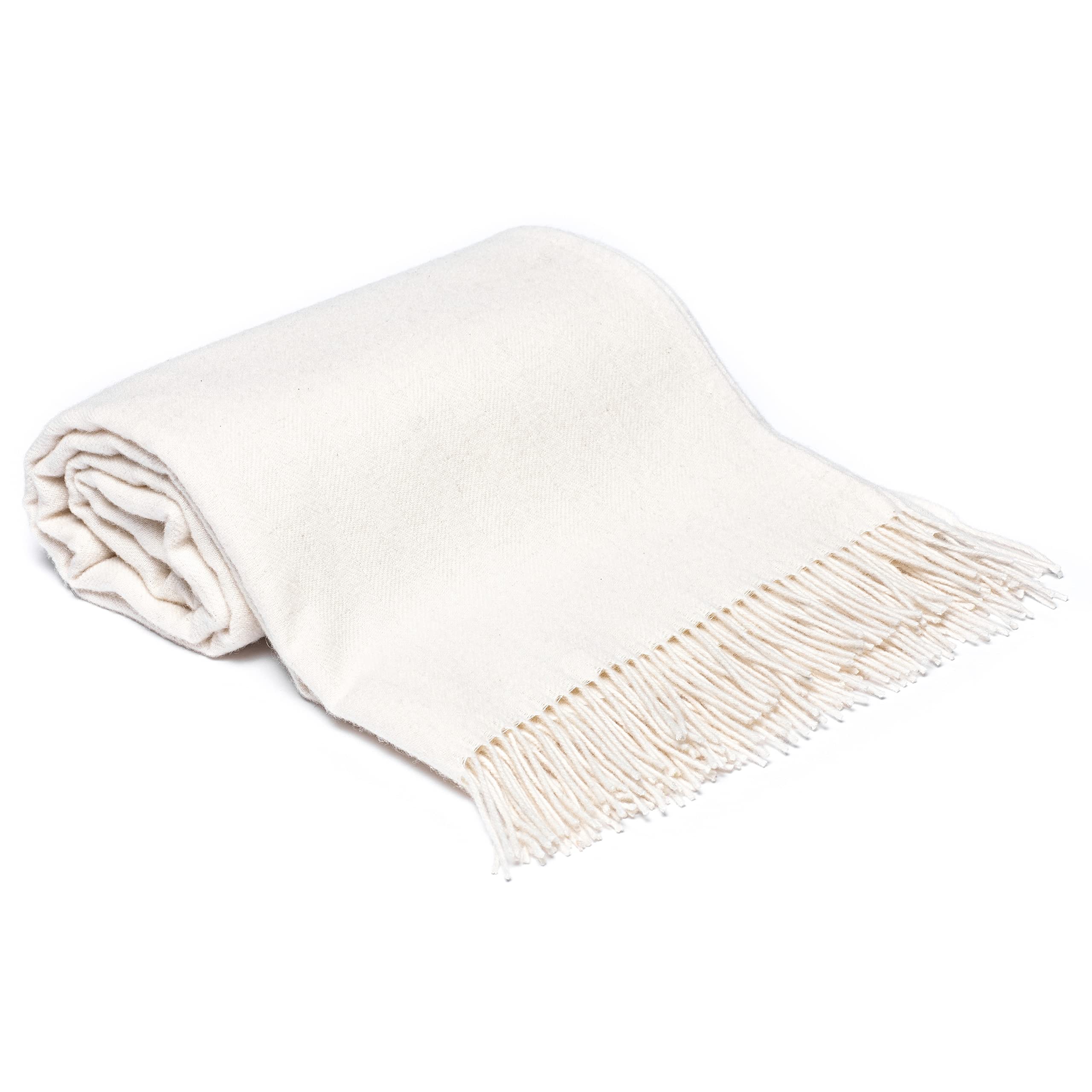 Drobė HOME Wool Blanket Made of 100% Pure Merino Wool, 140x200 cm, Wool White, Soft, Plain Blanket Made of Virgin Wool with Herringbone Pattern and Fringes, Perfect as a Throw Sofa Blanket, Bedspread
