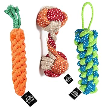 BLACK DOG Rope Toys for Dogs, Puppy Chew Teething Rope Toys Set of 3 Durable Cotton Dog Toys for Playing and Teeth Cleaning Training Toy 3 in1 Pack of 3 Toys (Color May Vary)