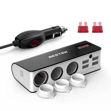 BESTEK 3 Fach Zigarettenanzünder Verteiler mit 4 USB Anschlüsse Adapter 12/24V DC Auto Ladegerät für iPhone Smartphone iPad T