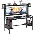 TIYASE Gaming Desk with Monitor Stand, Computer Desk with Hutch and Storage Shelves, Large PC Gamer Desk, Workstation Table with Cup Holder, Headphone Hook, Speak Stands, Black, 55 Inch