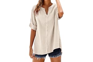Summer Tops for Women Trendy 2026 Short Sleeve Cotton Linen Shirts V Neck Button Down Casual Plus Size Tunic Tops Blouses