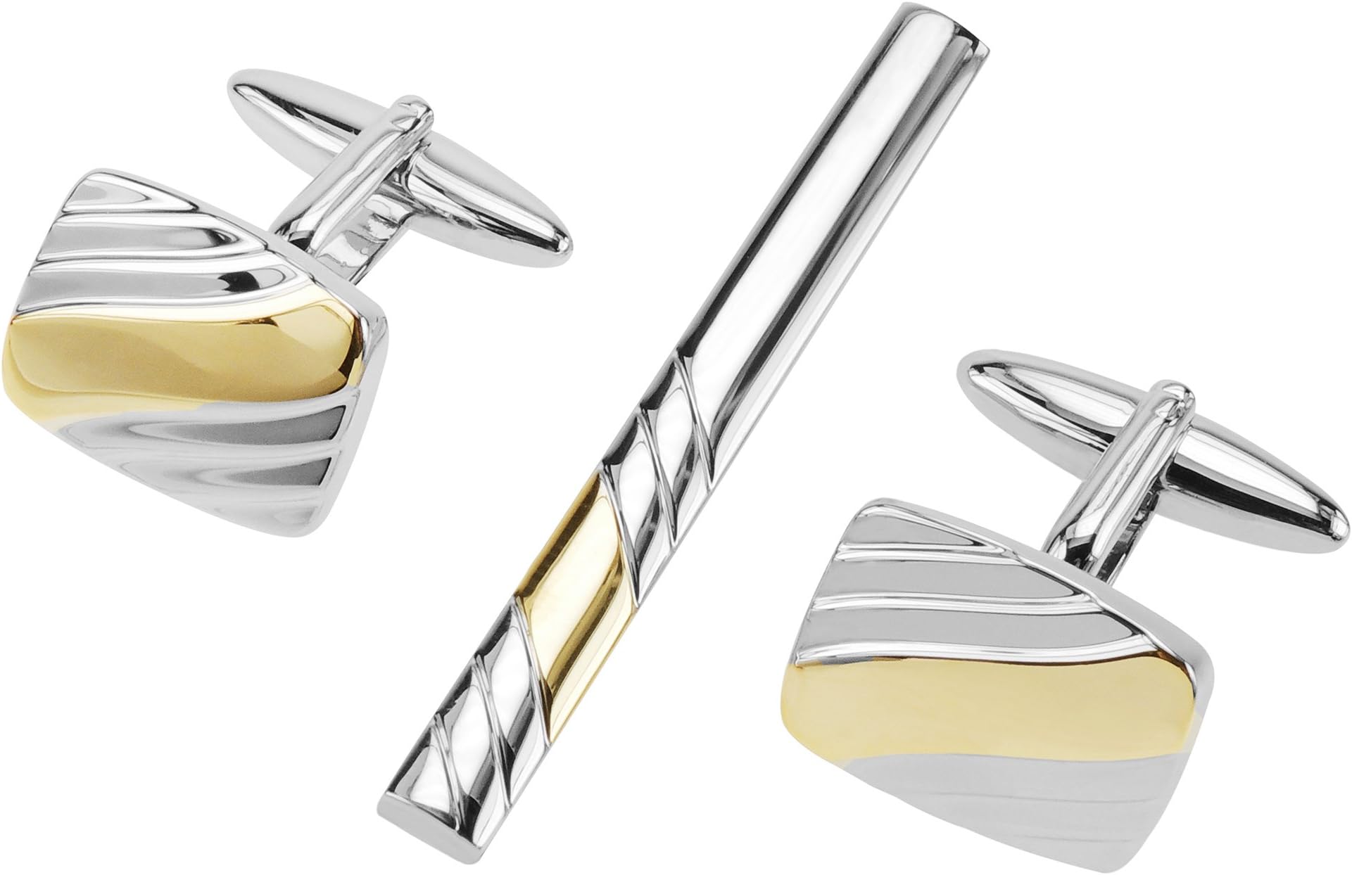 CUFF IT Cufflinks and Tie Slide Pin Set Two Tone Etched Lines Mens Accessories Jewellery Sets