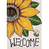 Covido Welcome Spring Summer Sunflower Decorative Garden Flag, Bee Flower Yard Outside Decorations, Fall Autumn Floral Farmhouse Outdoor Small Home Decor Double Sided 12 x 18