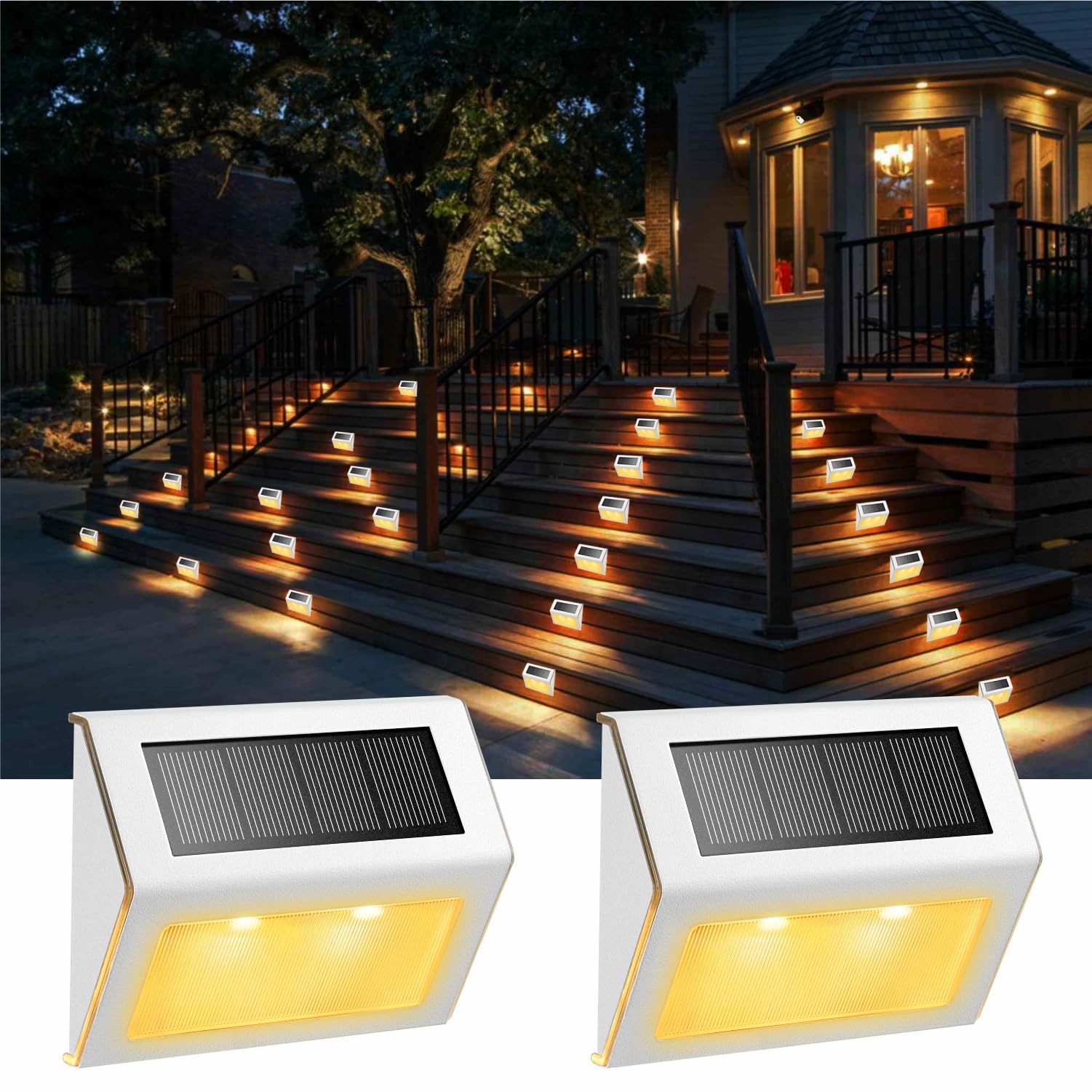 Solar Lights for Pathway Steps Decks Yard Stairs Fences, LED lamp, Rainproof, White Metal Housing, 2 Pack