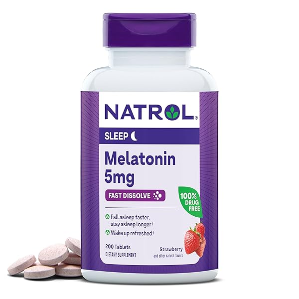 NATROL MELATONIN 5MG FAST DISSOLVE TABLETS, SLEEP SUPPORT SUPPLEMENTS FOR ADULTS, STRAWBERRY FLAVOR, 200 TABLETS, UP TO 200 DAY SUPPLY