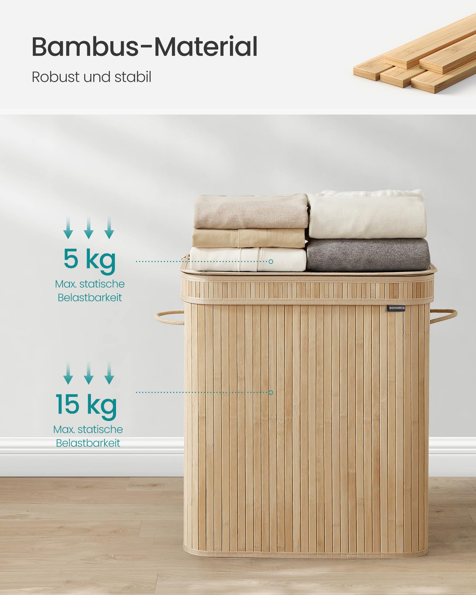SONGMICS Wäschekorb mit Deckel, Wäschesammler Bambus, Wäschesack herausnehmbar und maschinenwaschbar, mit Griffen, 100 Liter, für Waschküche, Schlafzimmer, Wohnzimmer, naturbeige LCB063N01 7