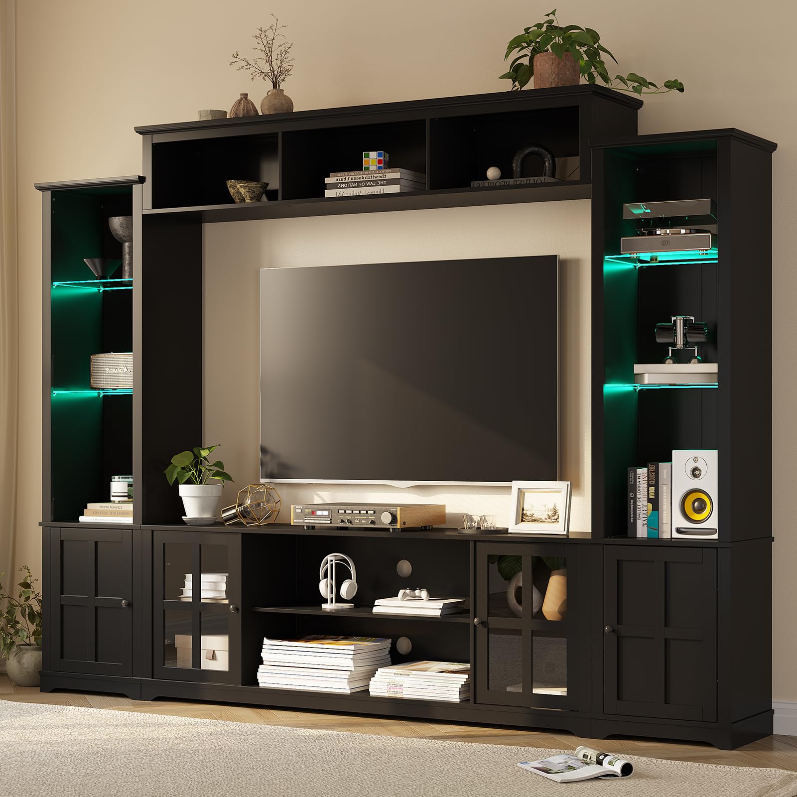 Photo 1 of MEISSALIVVE Wall Unit TV Stand with Storage & LED Lights, Large Entertainment Center with Bookshelves for TVs up to 70", Media Console for Living Room, Black