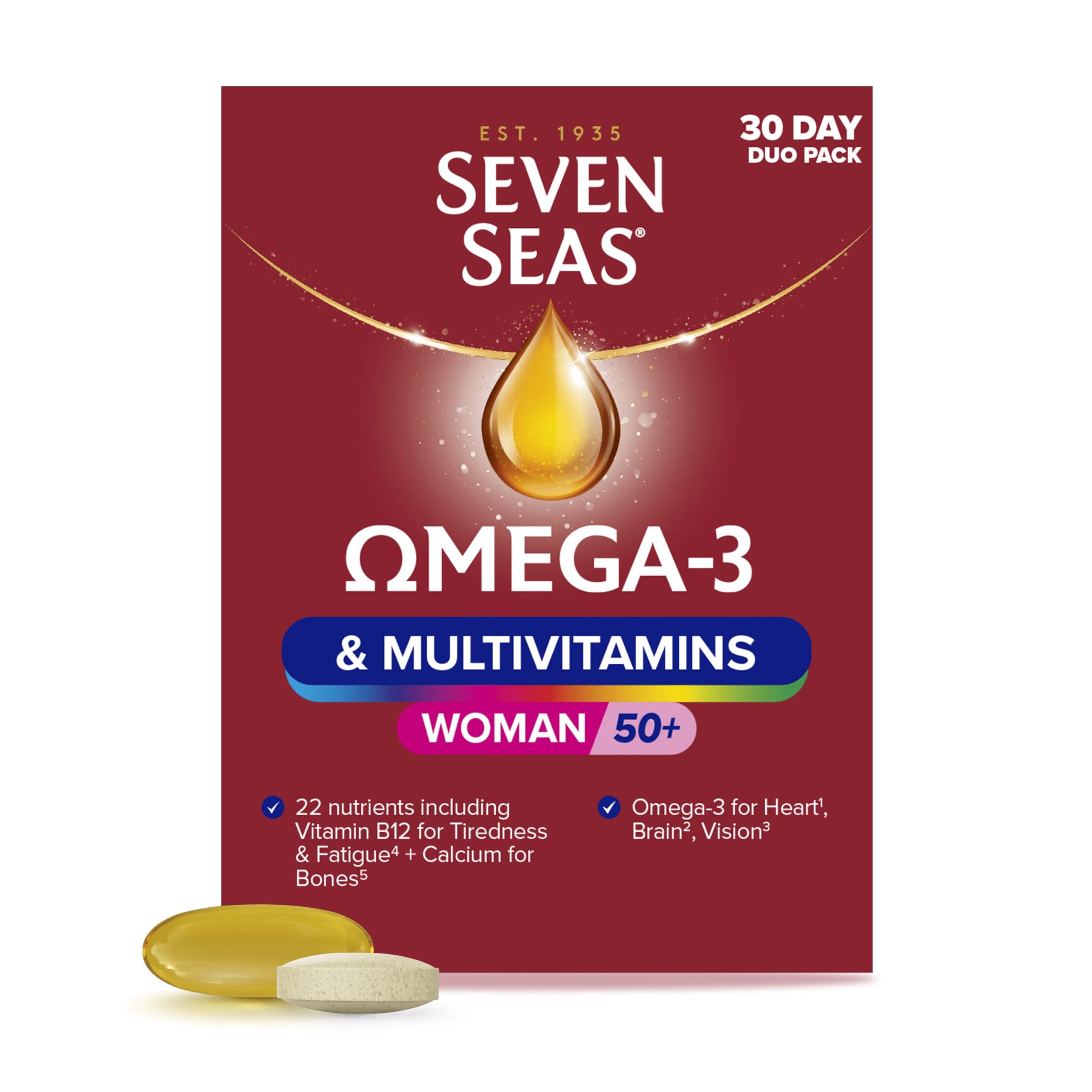 Seven Seas Omega-3 and Multivitamins Woman 50plus, with Vitamin B12 and Calcium, 30-Day Duo Pack, 30 Omega-3 Capsules and 30 Multivitamin Tablets