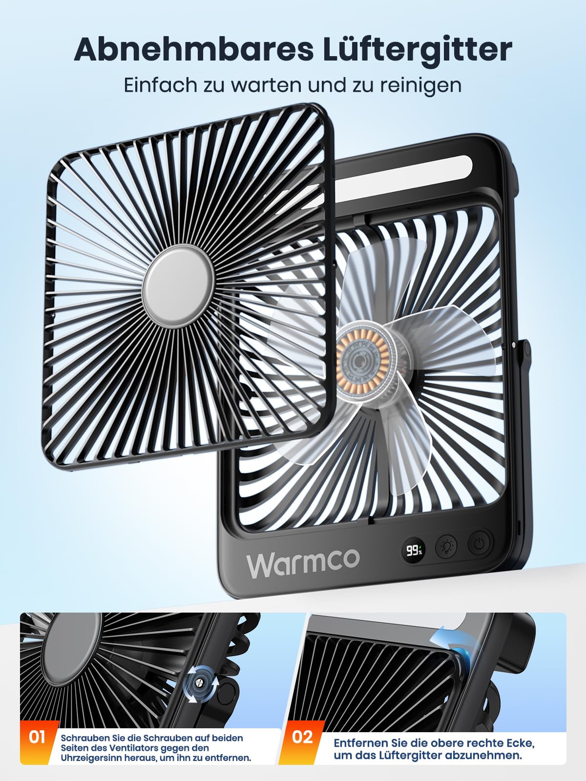 Warmco D4 Akku Camping Ventilator 20000mAh, LED-Lampe, 48 Std. Laufzeit 8