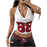BEAUDRM Women's Number Halter Crop Top Y2k Ruched Draped Front Mesh Jersey Shirt Streetwear