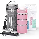 Lille Home Stackable Stainless Steel Thermal Compartment Lunch/Snack Box, 3-Tier Insulated Bento/Food Container with Lunch Bag and 3 Extra Silicone Seals, 43OZ, Pink