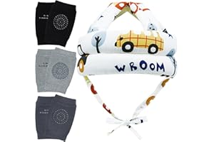 REFLYAWAY Adjustable Infant Baby Safety Helmet & Baby Knee Pads 3 Pairs Toddler Protector Cap Soft Cotton Cushion, A Bump-Free Safety Hood for Your Baby to Learn to Crawl, Walk, and Run with Soft Knee Pads