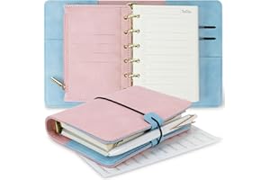 KOQYE A7 Binder Refillable Planner Notebook 6 Ring, Portable Leather Organizer with Zippered Pocket, To-Do & Blank Refill Papers, Dividers, Monthly Sticker, Pen, for Students, Professionals, Travel (Sky Blue & Pink)