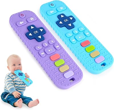 Hooku 2 Pack Remote Teether Silicone Teether for Babies 6-12 Months Purple-Blue