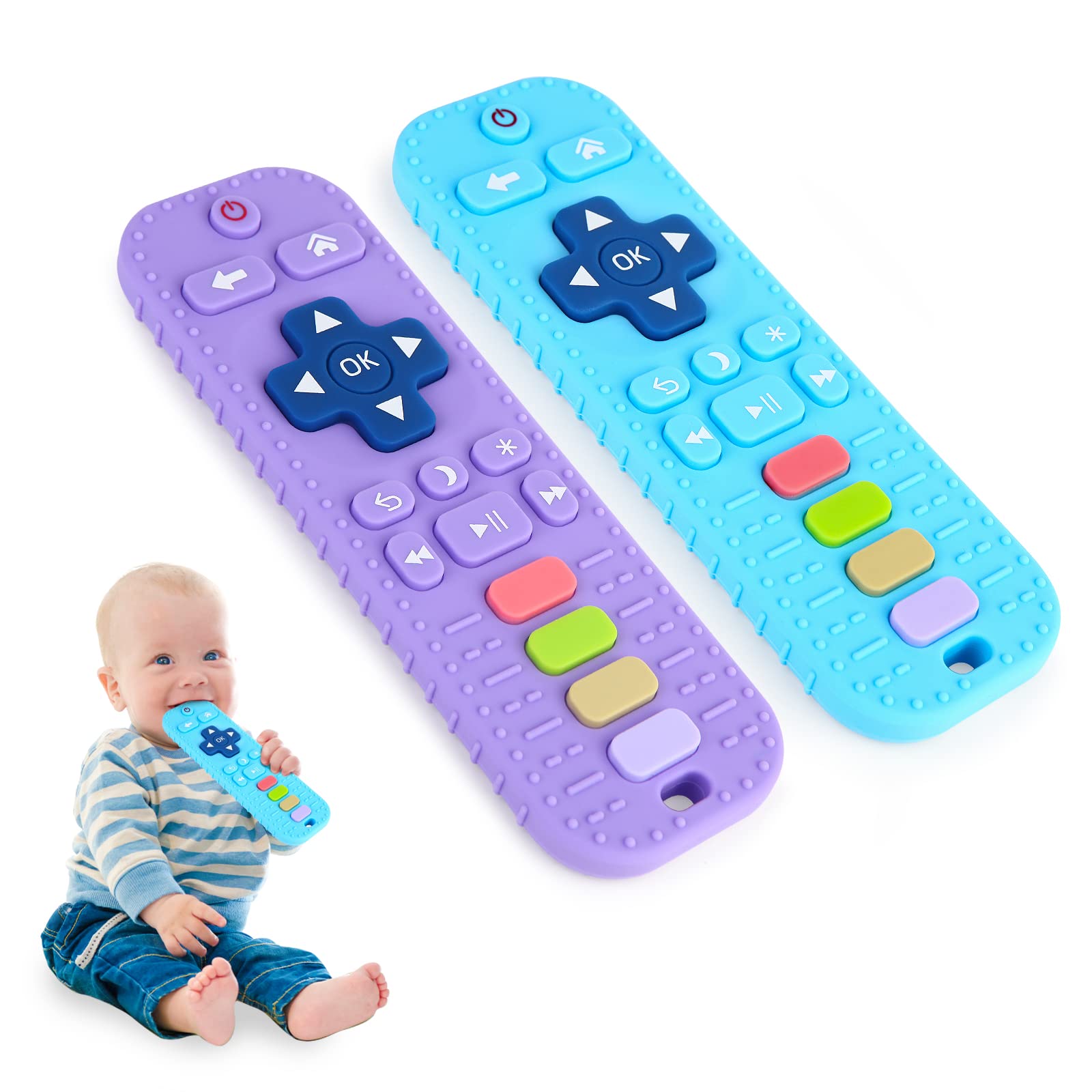 Hooku 2 Pack Remote TeetherBaby, Silicone Teethers for 6-12 MonthsToysSensory Toys for 0-6 Months, Toddler, Infant, Newborn Gifts for Boys and Girls, Purple-Blue — image 1