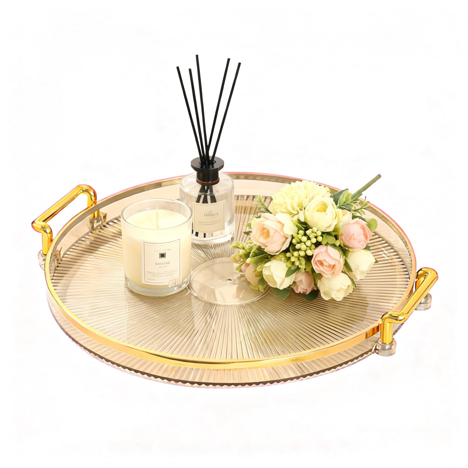 Tissting Decorative Tray 27cm Round Amber Gold Transparent Serving Holder with Handles, Plastic Make Up Display Platters for Kitchen, Bathroom, Living Room