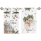 Gloves Ball Believe Merry Christmas Kitchen Towels Dish Towels Set of 2,Beige Xmas Tree Hand Towels 18x26 Inch Drying Dishcloth,Seasonal Winter Dish Towels for Kitchen Bathroom Home Decoration