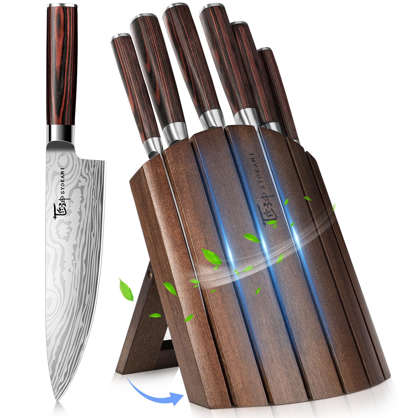 Photo 1 of SYOKAMI Knife Set 7 Piece Japanese Style Kitchen Knife Set With Foldable Magnetic Acacia Wood Block Sharp High Carbon Stainless Steel Knives Set for Kitchen with Anti-slip Ergonomic Handle, Ideal Gift