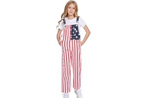 YUANBANG Boys American Overalls Adjustable Straps 4th of July Girls Romper Usa Flag Bibs 6-12 years kids Patriotic Jumpsuit