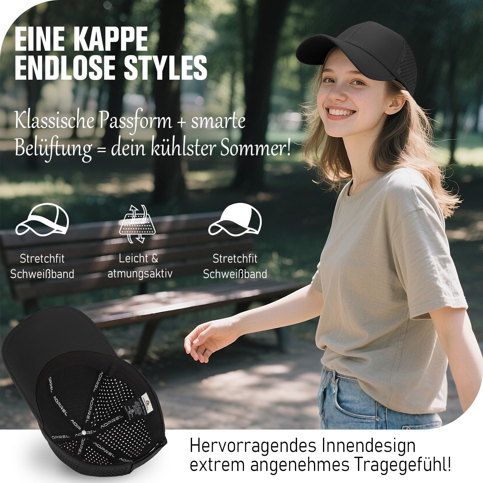 AOPREL Baseball Cap Herren Damen, Wasserdicht Basecap, Atmungsaktivem UV-Schutz Baseball Kappe für Outdoor-Aktivitäten, Golf, Tennis (DE/NL/SE/PL, Alphanumerisch, Einheitsgröße, Schwarz) 2