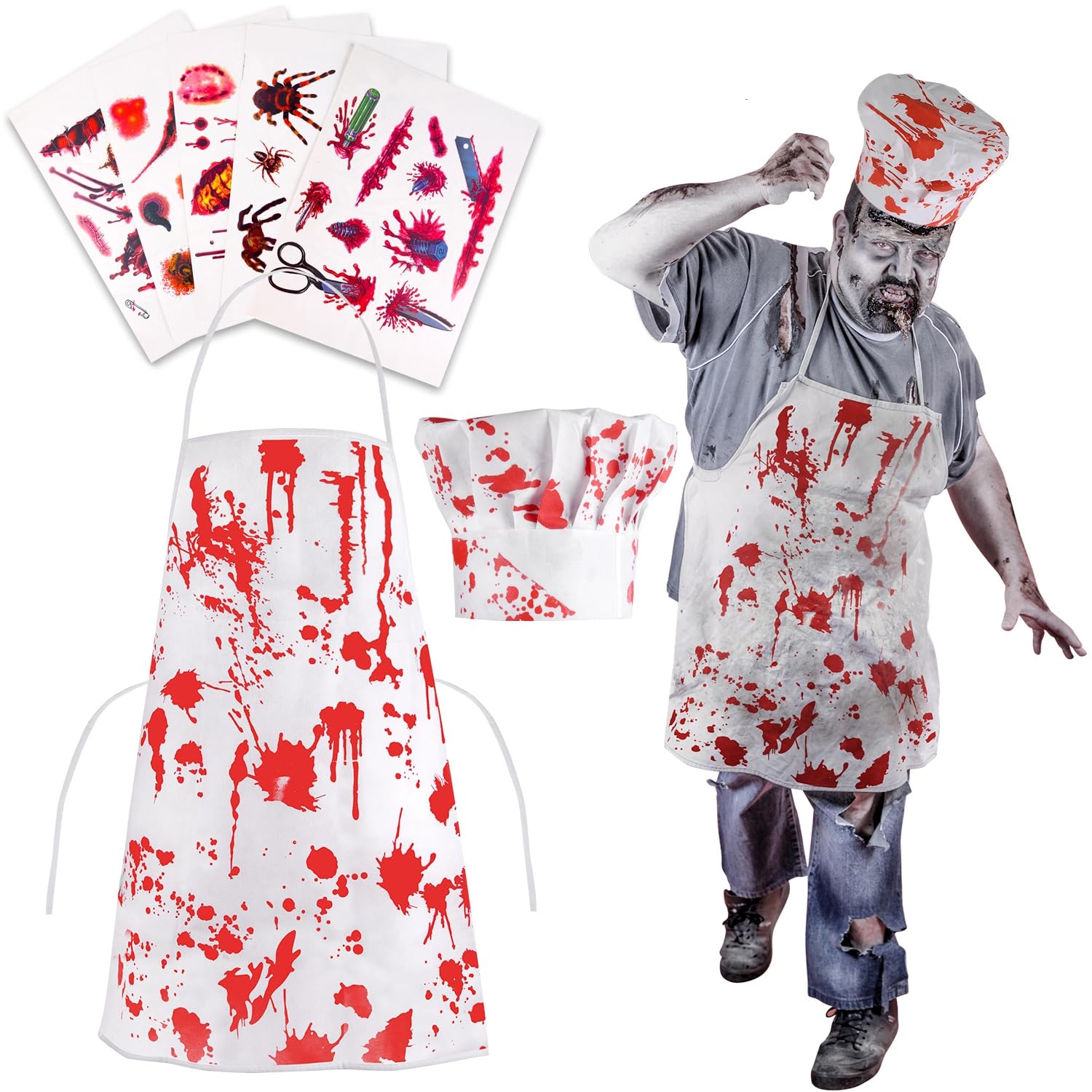 TUPARKA 18Pcs Zombie Costume Halloween Decorations, Zombie Costume Bloody Chef Butcher Apron Costumes Halloween Scary Party