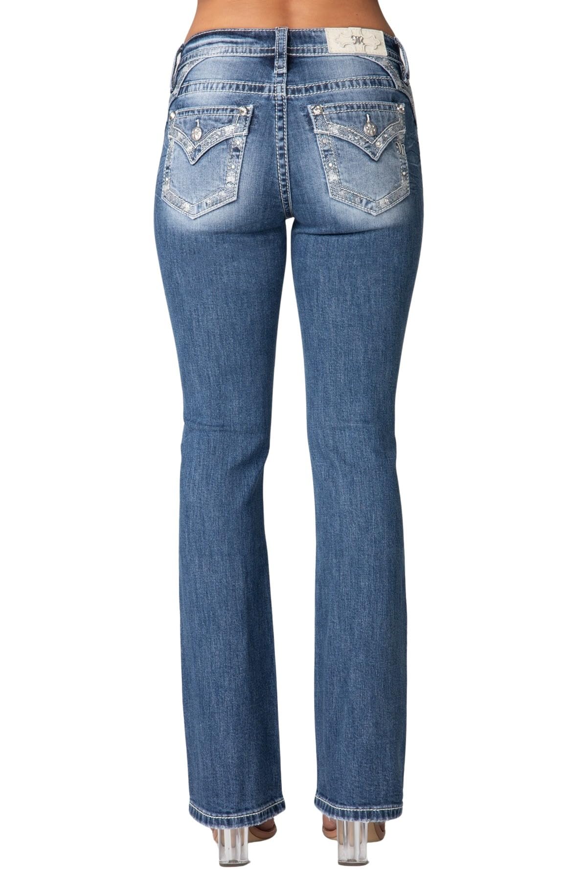 Photo 1 of Miss Me Women's Metallic Border Faux Flap Pocket Mid-Rise Bootcut Jeans (Medium Blue, 28W x 34L)