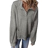 SHEWIN Women's Casual Long Sleeve Sweatshirt Lightweight Button Drawstring Pullover Tops