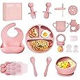 Silicone Baby Feeding Set, 15pcs Baby Led Weaning Feeding Supplies for Toddlers, Bowls and Plates with Suction, Silicone Bib,