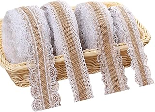 Juteband mit Spitze Weiß, Vintage Spitzenband Sackleinen Band Rolle mit Spitze-Borten für Hochzeit Weihnachten Basteln Geschenke Deko, Jute Spitze Dekoband auf einer Rolle (4 Stück, 2 Meter)