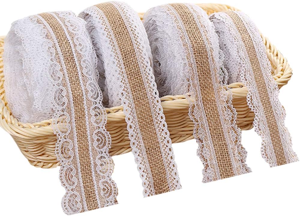 Juteband mit Spitze Weiß, Vintage Spitzenband Sackleinen Band Rolle mit Spitze-Borten für Hochzeit Weihnachten Basteln Geschenke Deko, Jute Spitze Dekoband auf einer Rolle (4 Stück, 2 Meter)