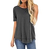 HIYIYEZI Summer Tops for Women Short Sleeve Side Split Casual Loose Tunic Top