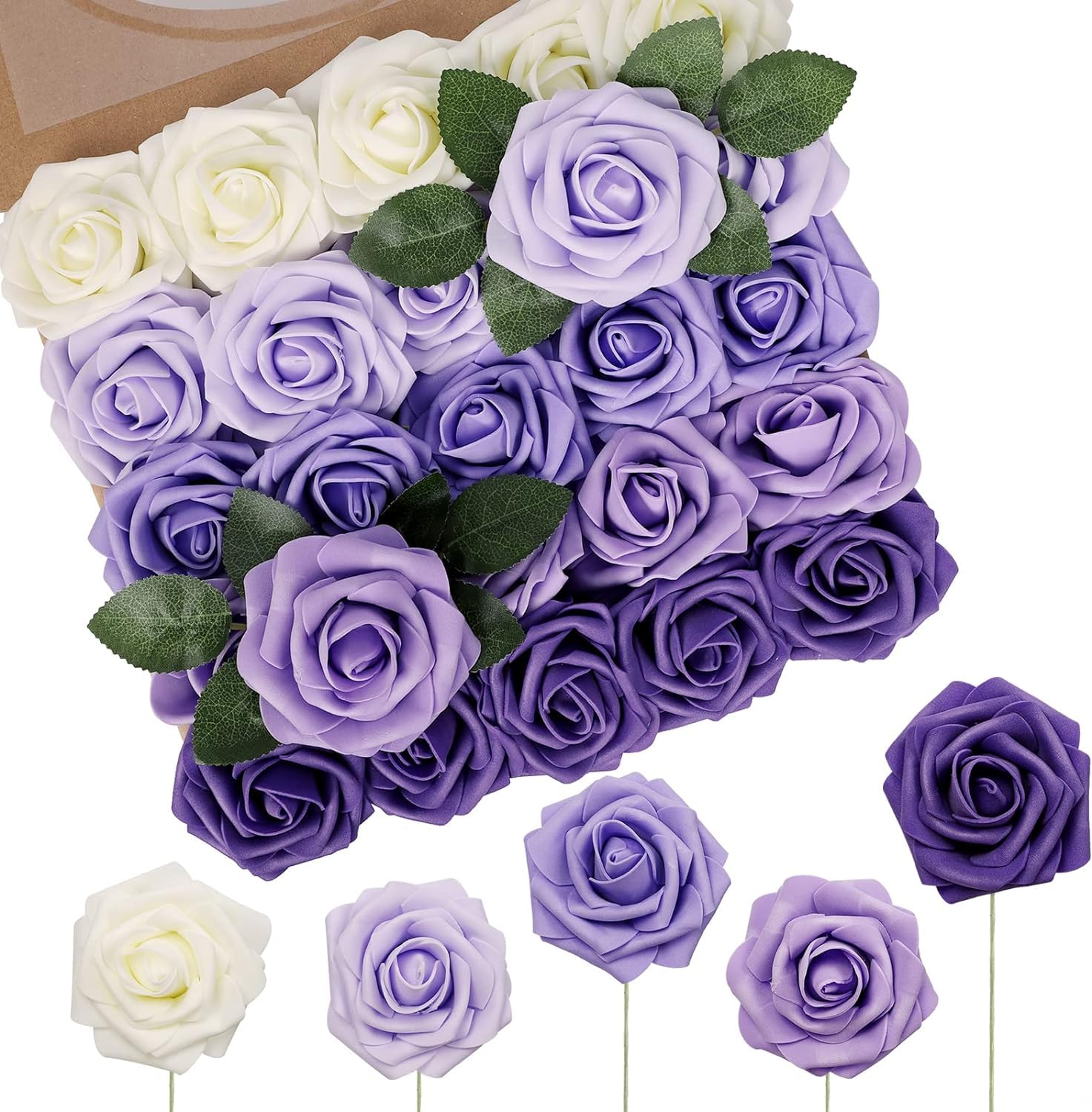 N&T NIETING Artificial Flowers 50Pcs Fake Foam Rose Purple Flowers with Stems Lavender for DIY Wedding Bridesmaid Bridal Bouquets Centerpieces Party Home Decoration(Series Purple)