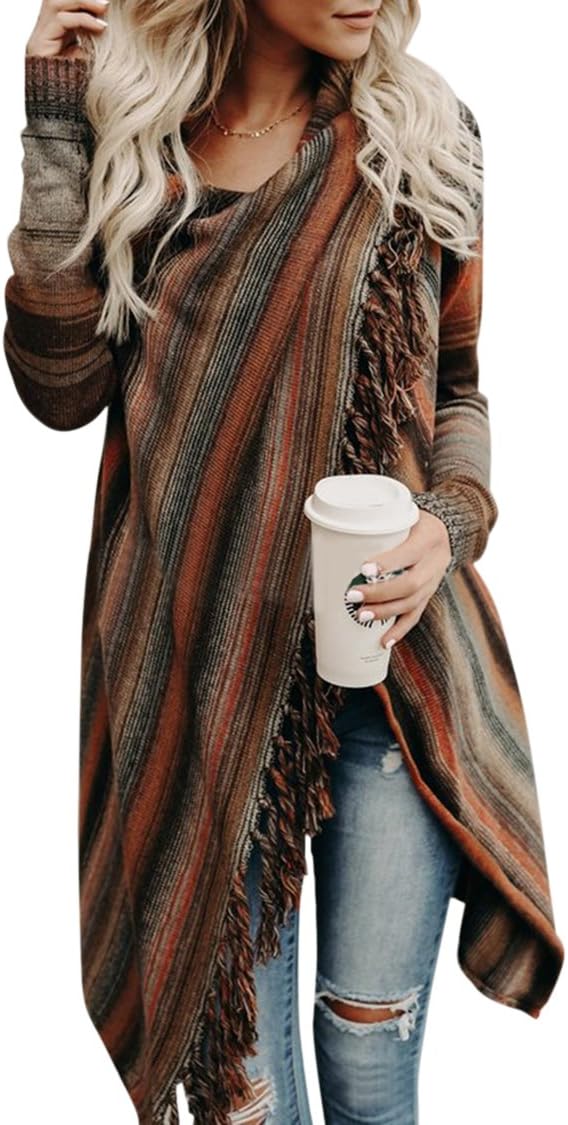 Wowfashions Women's Striped Tassel Fringe Long Sleeve Pullover Sweater Open Front Knit Cardigan