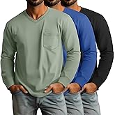 Ficerd 3 Pack Men's Big and Tall V Neck Shirts with Pocket Long Sleeve Plus Size Tops Basic Casual Loose Fall Tee