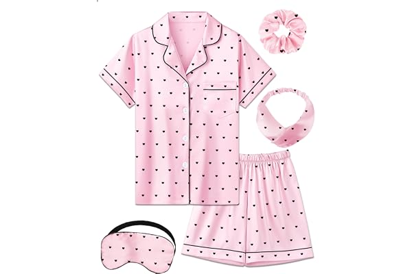ALHAVONE Kids Girl Pajama Set with Headband Blindfold Hair Tie Toddler Boy Girl Satin Silky Button-up Pajama Sleepwear