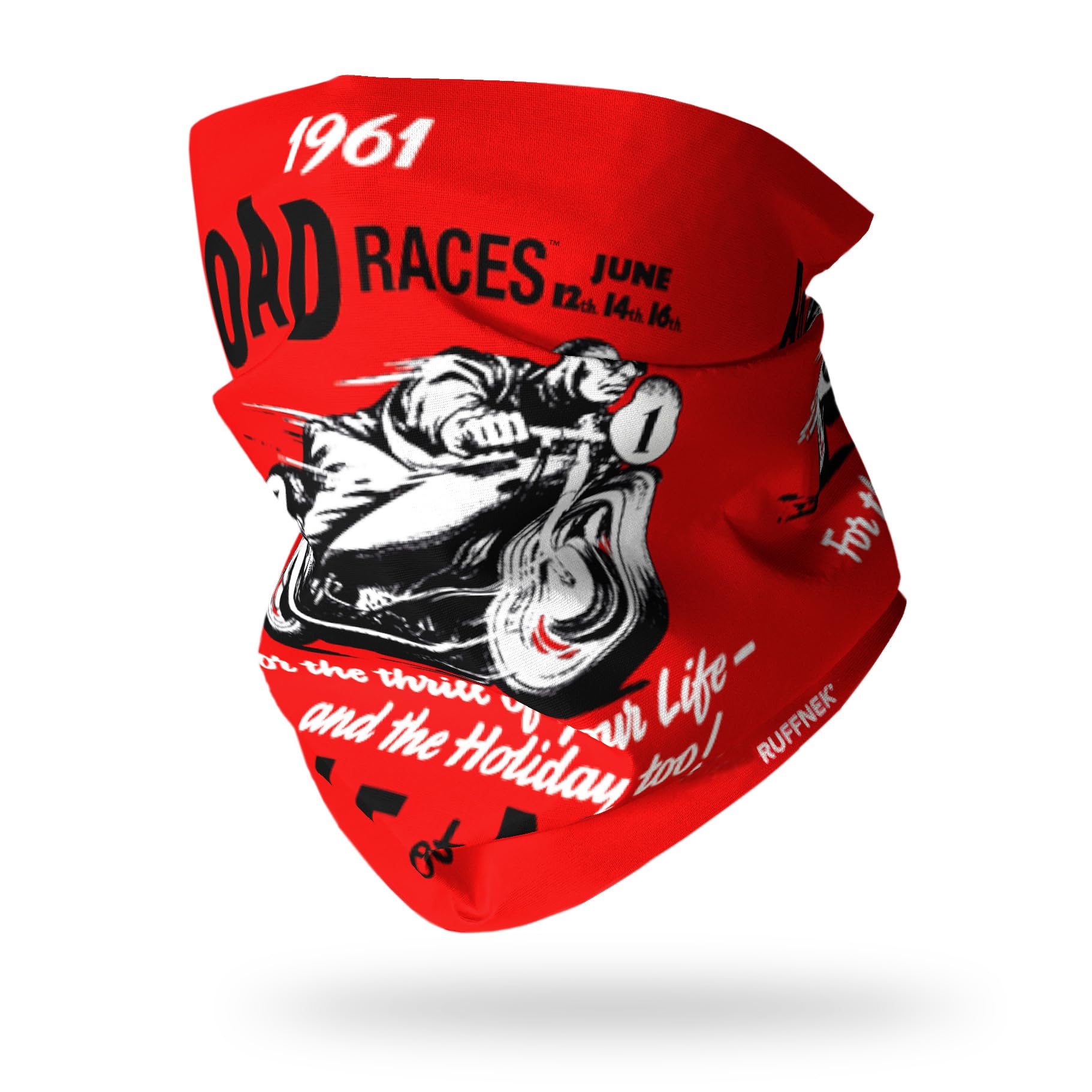 Ruffnek ISLE OF MAN RACES 1961 POSTER DESIGN - IOM - NECK WARMER Multifunctional Biker Motorbike scarf/snood face mask cover - ONE SIZE for MEN, WOMEN