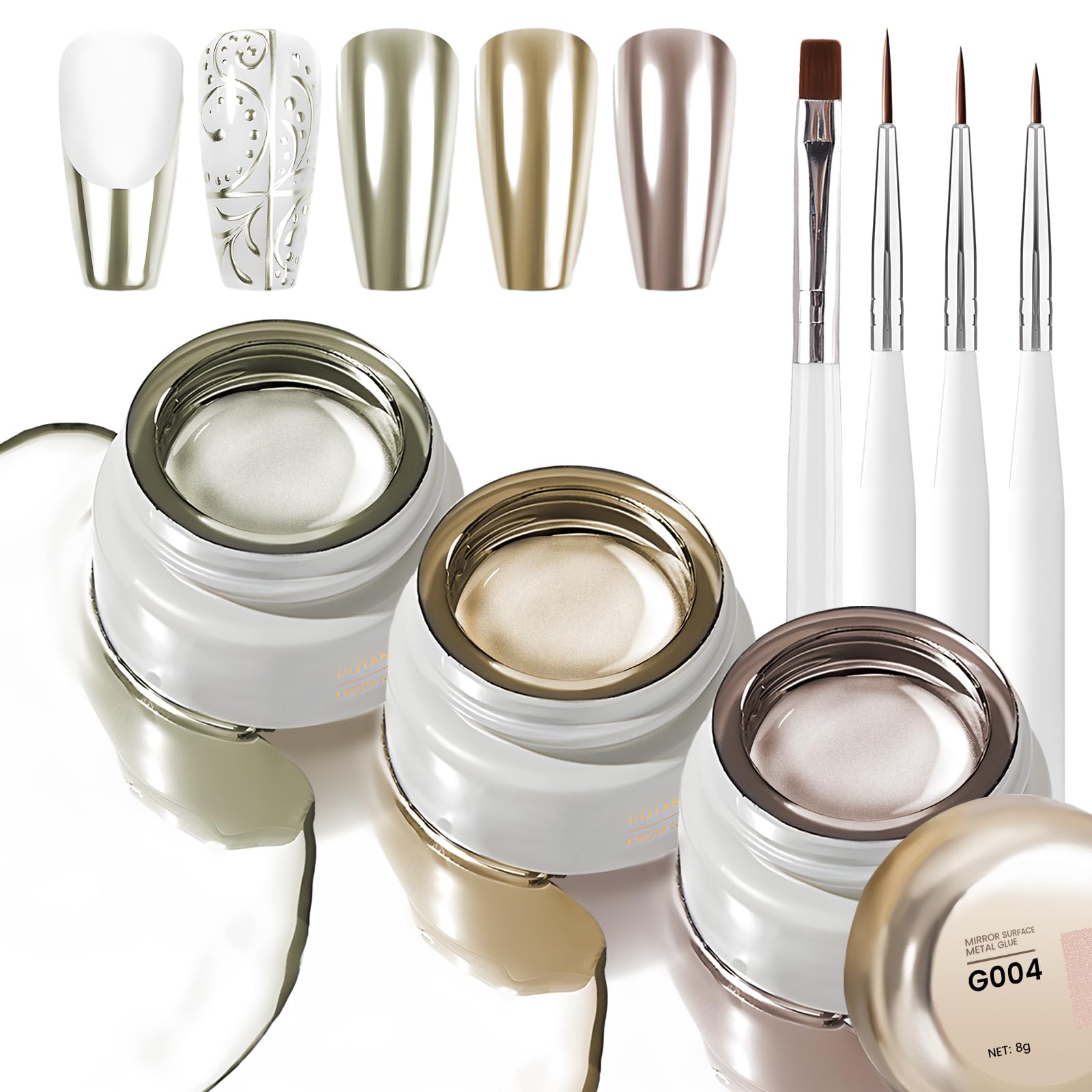 U-Shinein Metallic Painting Gel - 3x8ml, 3D Mirror Chrome Effect, UV Nail Gel Set With Brushes