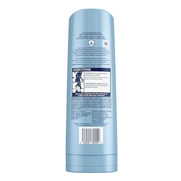 JERGENS WET SKIN BODY LOTION WITH COCONUT OIL, IN SHOWER LOTION FOR DRY SKIN, FAST-ABSORBING, NON-STICKY, DERMATOLOGIST TESTED, 10 OUNCE