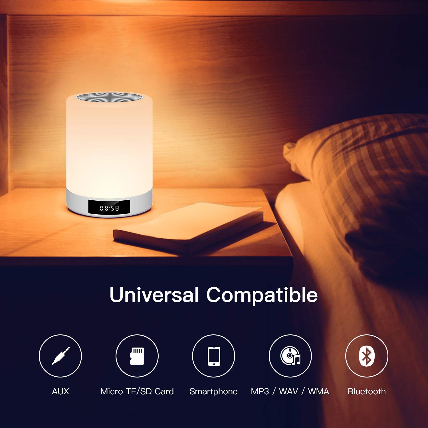Lampe de Chevet avec Enceinte Bluetooth Musique Tactile Lampe de Table LED Multicolor Rechargeable avec Réveil, Horloge, Radio FM et Mains Libres Support Haut-parleur/Aux/Carte Micro SD Tikitaka
