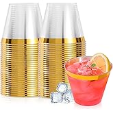 VajilaPhil 50PCS Gold Plastic Cups, 9 oz Clear with Metallic Gold Rim Disposable Cups, Elegant Plastic Tumblers, Fancy Party Cups