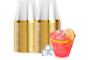 VajilaPhil 50PCS Gold Plastic Cups, 9 oz Clear with Metallic Gold Rim Disposable Cups, Elegant Plastic Tumblers, Fancy Party Cups