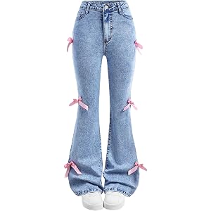 Peakpride Girls Jeans Flare Bell Bottom Bow Jeans for Teens High Waist Cute Y2K Tween Denim Pants Stretch Trousers 7-16Y