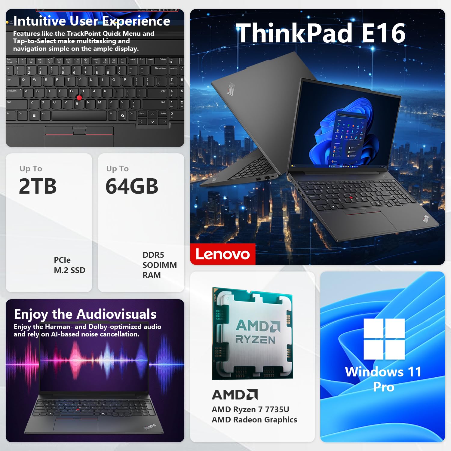 Portátil Lenovo ThinkPad E16 Gen 2 | 16" FHD+ | AMD Ryzen 7 7735U | 32GB DDR5 RAM | 1TB SSD | Huella digital | Teclado retroiluminado | | Cámara web | HDMI | Wi-Fi 6 | Windows 11 Pro | Negro | con conjunto de paquetes