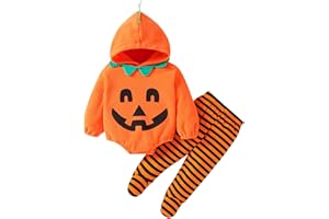 WOLBAY 2Pcs Newborn Infant Baby Boy Girl Fleece Halloween Pumpkin Costumes Hoodie Romper Onesie Cotton Pants Outfit